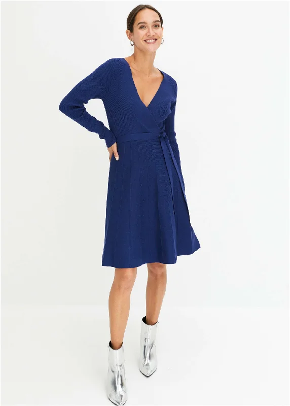 Ribbed Wrap Dress - Blue