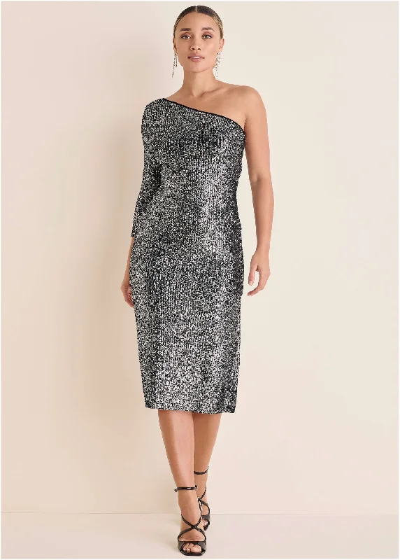 All Over Sequin Midi Dress - Silver