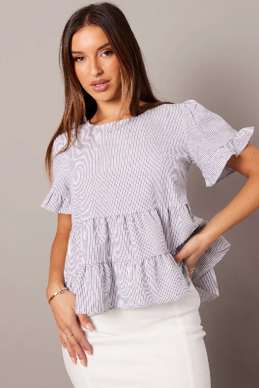 Black Stripe Ruffle Top Short Sleeve