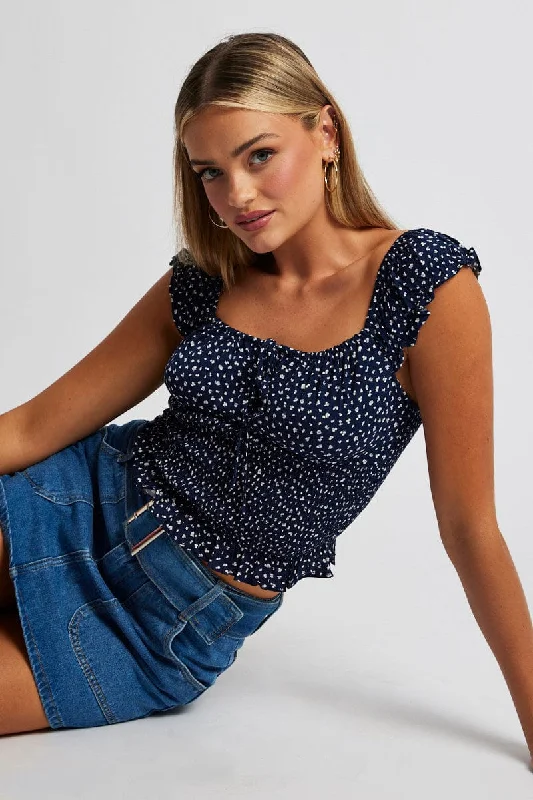 Blue Ditsy Puff Sleeve Top Short Sleeve