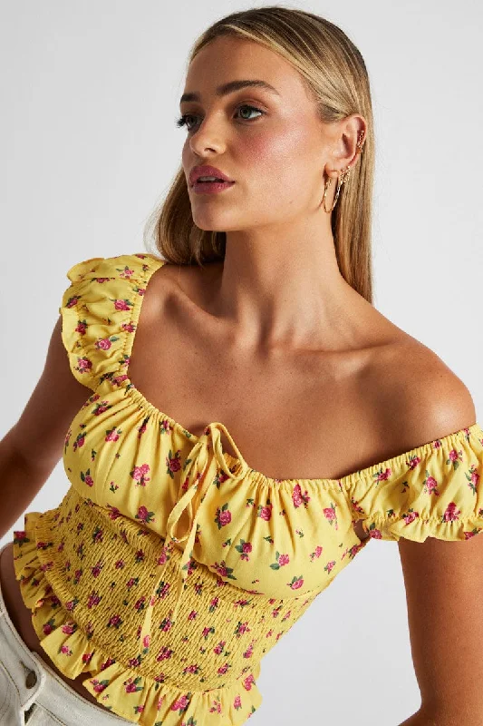 Yellow Floral Puff Sleeve Top Short Sleeve