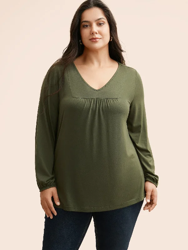 V Neck Gathered Lantern Sleeve Jersey Top