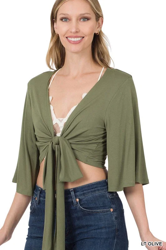 Women's Zenana- Rayon tie front cardigan- Lt Olive